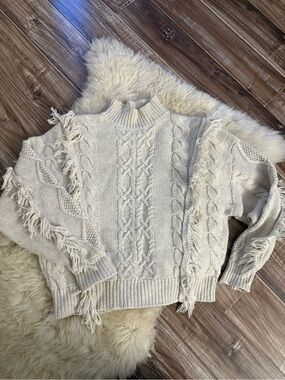 Leith Cream Cable Knit Fringe Turtleneck Sweater